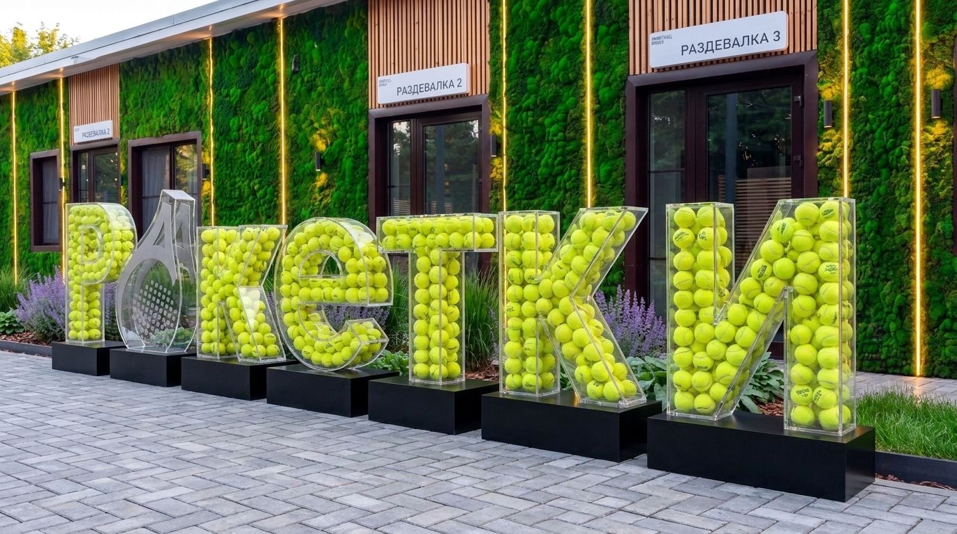 Объёмные буквы «Ракетки» из оргстекла с теннисными мячами у входа в клуб